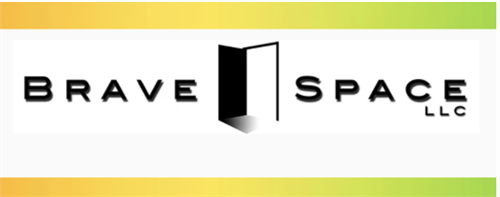 Brave Space LLC in black text with yellow fade to green stripe on top and bottom